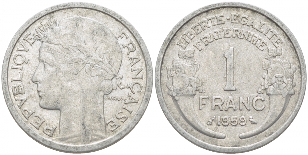 ФРАНЦИЯ 1 ФРАНК 1959 ТИП MORLON, LEGERE KM 885a.1, LE FRANC 221.23 алюминий 4402-926