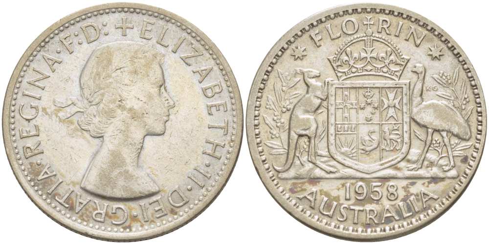 Австралия 1 флорин 1958 Елизавета II (1952-2022), герб Австралии KM 60 серебро 4512-1236
