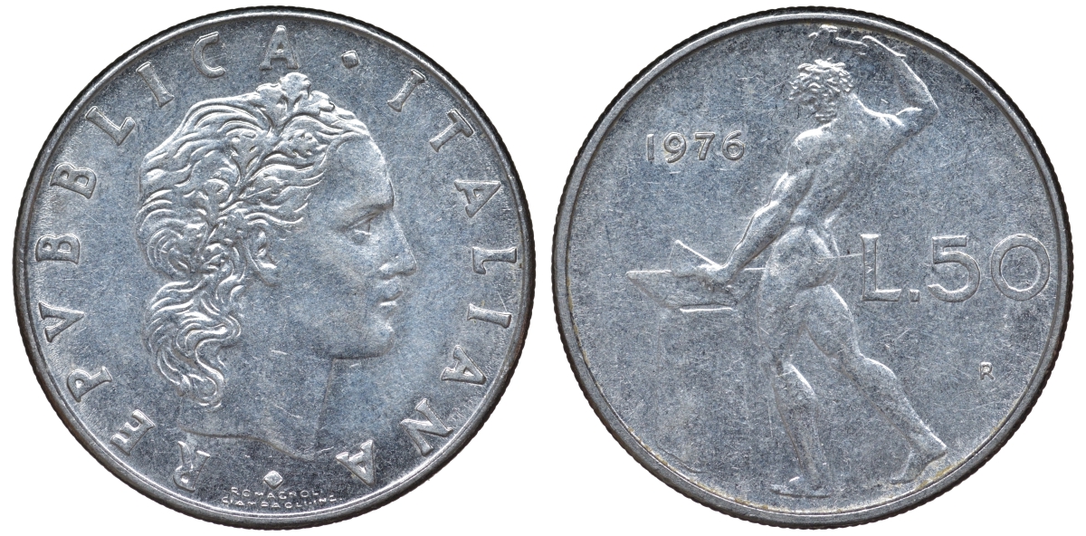 Италия 50 лир 1976 R, бог Вулкан у наковальни KM 95.1 нержавеющая сталь 4142-1141