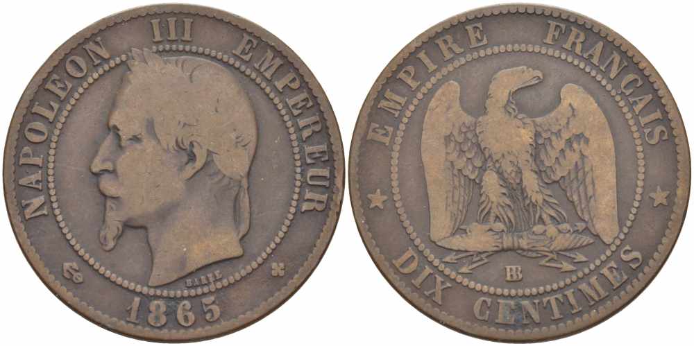 ФРАНЦИЯ 10 САНТИМОВ 1865 BB, НАПОЛЕОН III (1852-1870) KM 798.2, LE FRANC 134.15 бронза 4389-1016