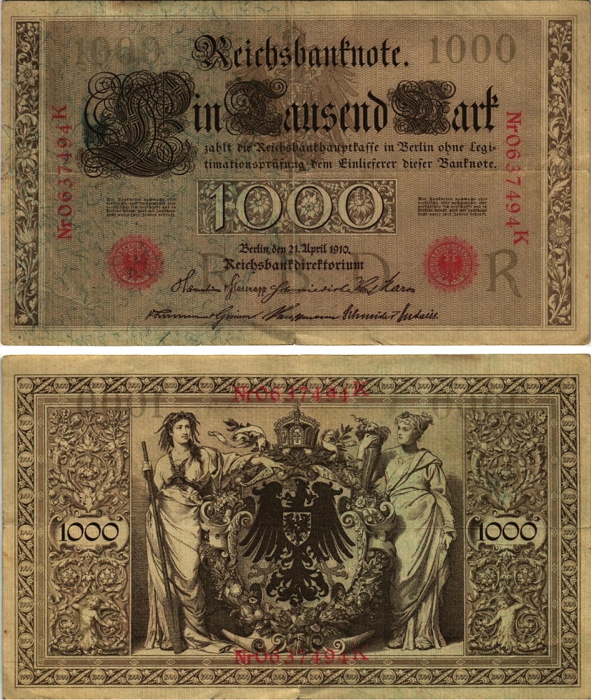 ГЕРМАНИЯ 1000 МАРОК 1910 21 АПРЕЛЯ 1910, КРАСНАЯ ПЕЧАТЬ, 7 ЦИФР В НОМЕРЕ, БУКВА R, СЕРИЯ К, ВЫПУСК АВГУСТ 1922 Pick 44b, Розенберг 45с бумага 8615-3-1-1