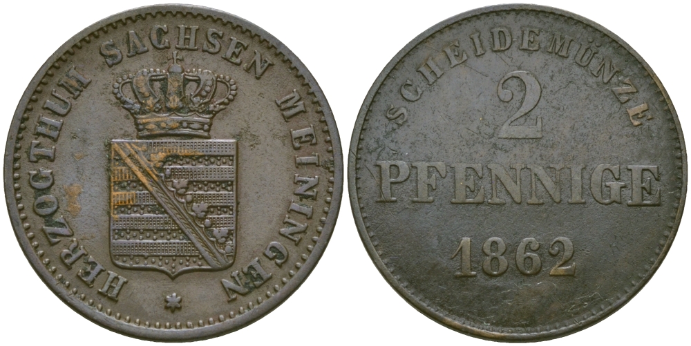 Саксен-Мейнинген 2 пфеннига 1862 Бернгард II (1803-1866) KM 171, Jaeger 448, AKS 215 медь 99-637