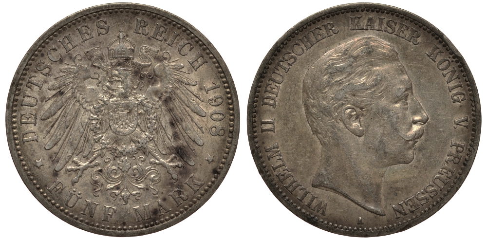 Пруссия 5 марок 1908 Вильгельм II (1888-1918) KM 523, J.104 серебро    3711-214