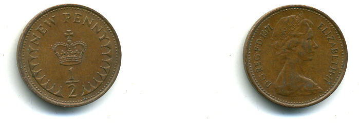 Великобритания 1/2 пенни 1971 Елизавета II (1952-2022) KM 914, Spink 4239 бронза 46-1729