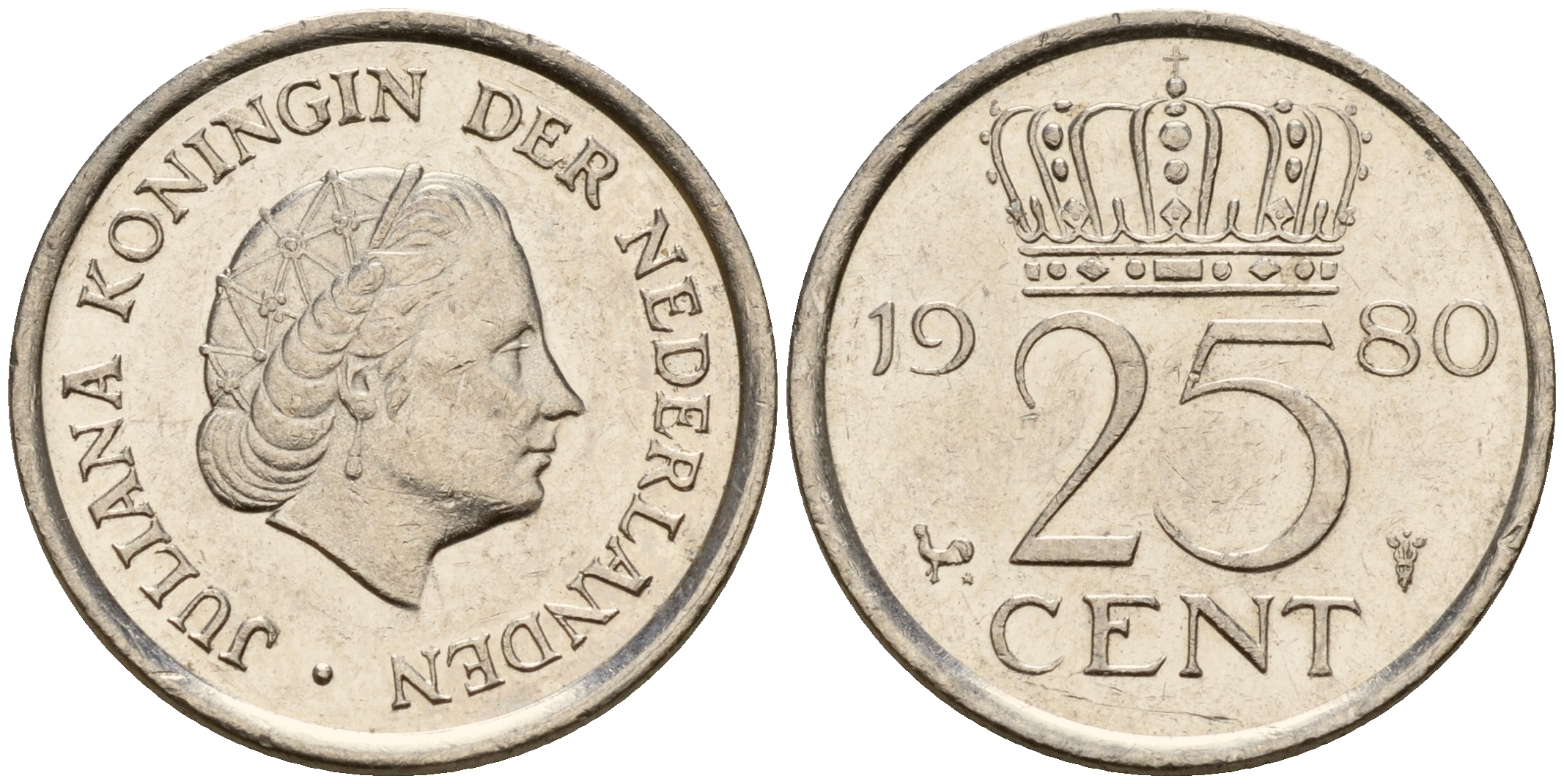 Нидерланды 25 центов 1980 Юлиана (1949-1980) KM 183 никель    4598-534