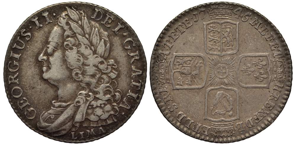 Великобритания 1 шиллинг 1745 LIMA, Георг II (1727-1760), Лимский шиллинг, цена по Spink - 450 фунтов KM 583.2, Spink 3703 серебро 00-821-72