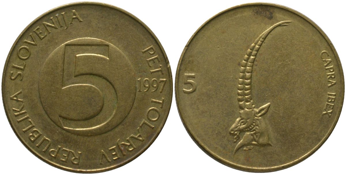 Словения 5 толаров 1997 KM 6 латунь 4548-935