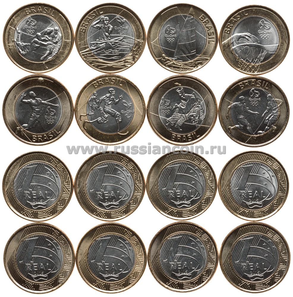 Бразилия набор из 8 монет по 1 реалу 2015 XXXI Олимпийские игры 2016 года в Рио-де-Жанейро биметалл UNC M43-15