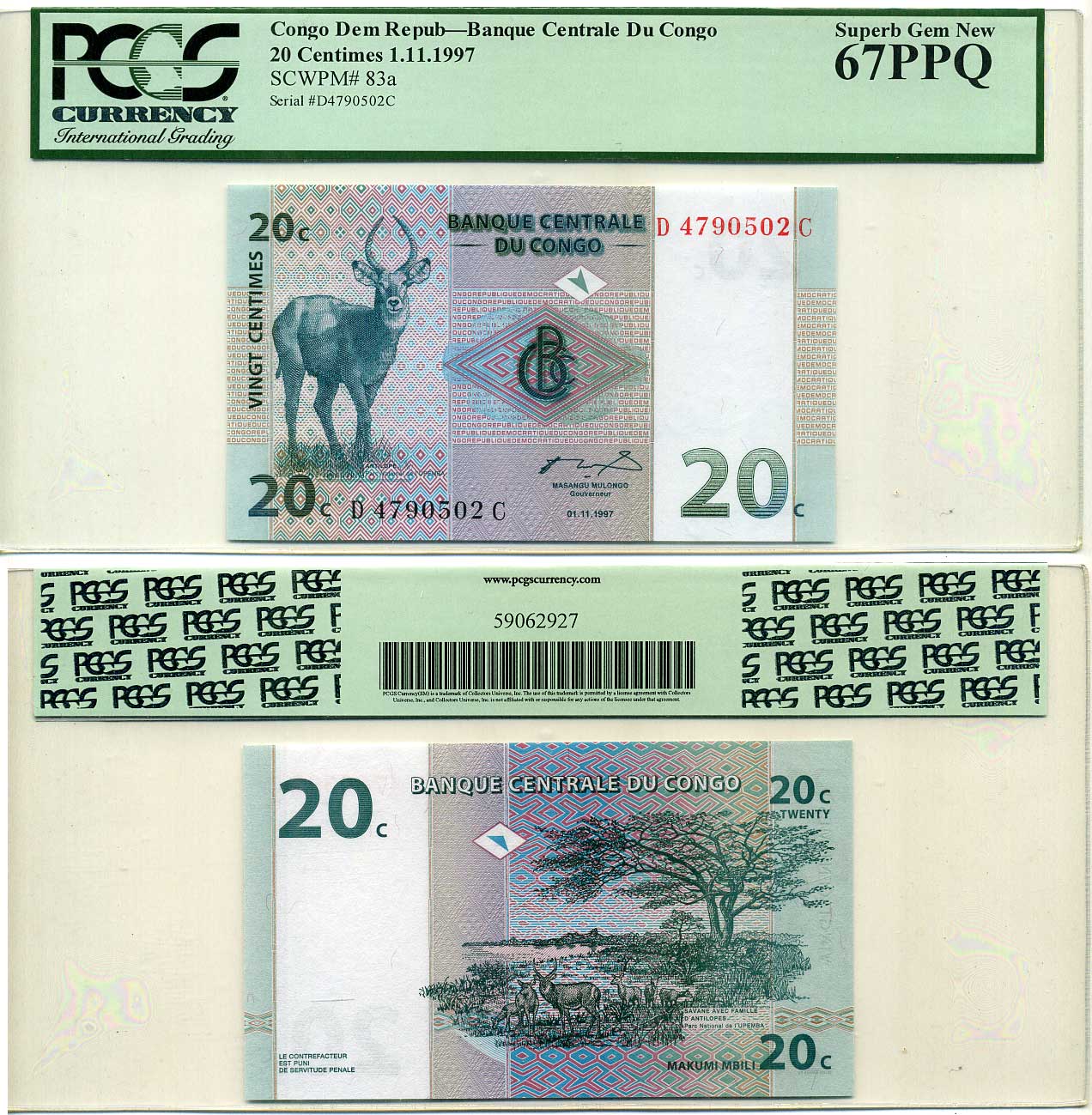 ДР Конго 20 сантимов 1997 в слабе PCGS 67 Superb Gem New Pick 83a бумага UNC (пресс) 452-1-117