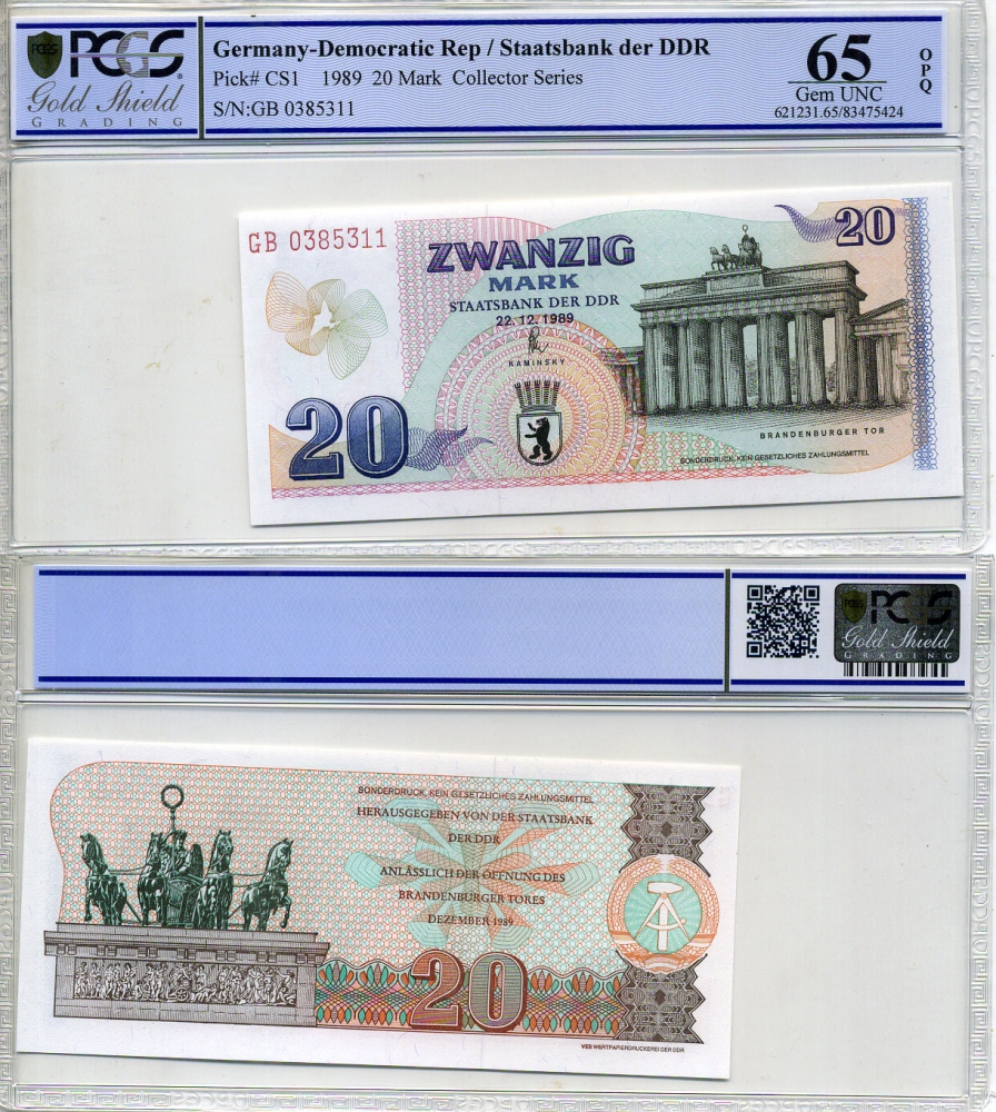 ГДР 20 марок 1989 22 декабря 1989, Бранденбургские ворота, в слабе PCGS 65 Gem UNC Pick CS1 бумага UNC (пресс) 00-00
