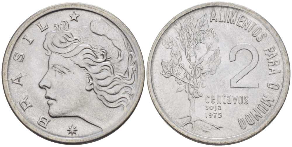 БРАЗИЛИЯ 2 СЕНТАВО 1975 FAO, ГОЛОВА СВОБОДЫ KM 586 нержавеющая сталь 105-816