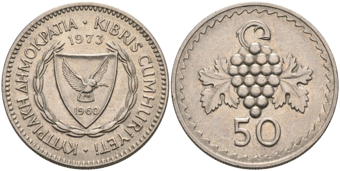 Кипр 50 милсов 1973 виноградная гроздь KM 41 медно-никель 4571-1025