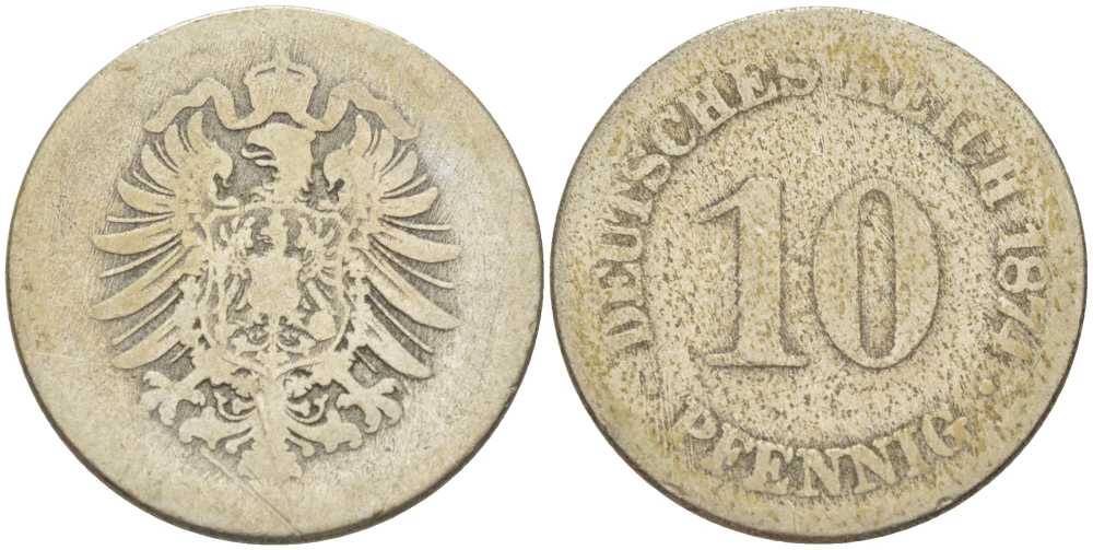 ГЕРМАНИЯ 10 ПФЕННИГОВ 1874 СТАРОГЕРБОВКА KM 4, J. 4, Weege 7 медно-никель 261-1213