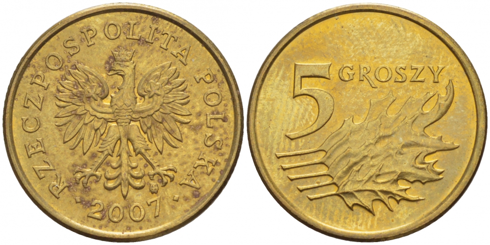 ПОЛЬША 5 ГРОШЕЙ 2007 MW KM 278 латунь UNC 4516-1165