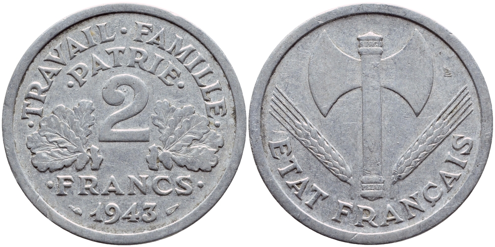 Франция 2 франка 1943 правительство Виши KM 904.1 алюминий 4397-721