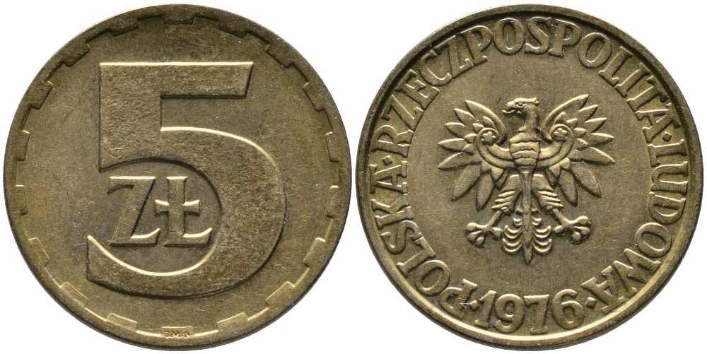 Польша 5 злотых 1976 монетный двор Ленинград (ЛМД) KM 81.1, Parchimowicz 221b латунь 110-842