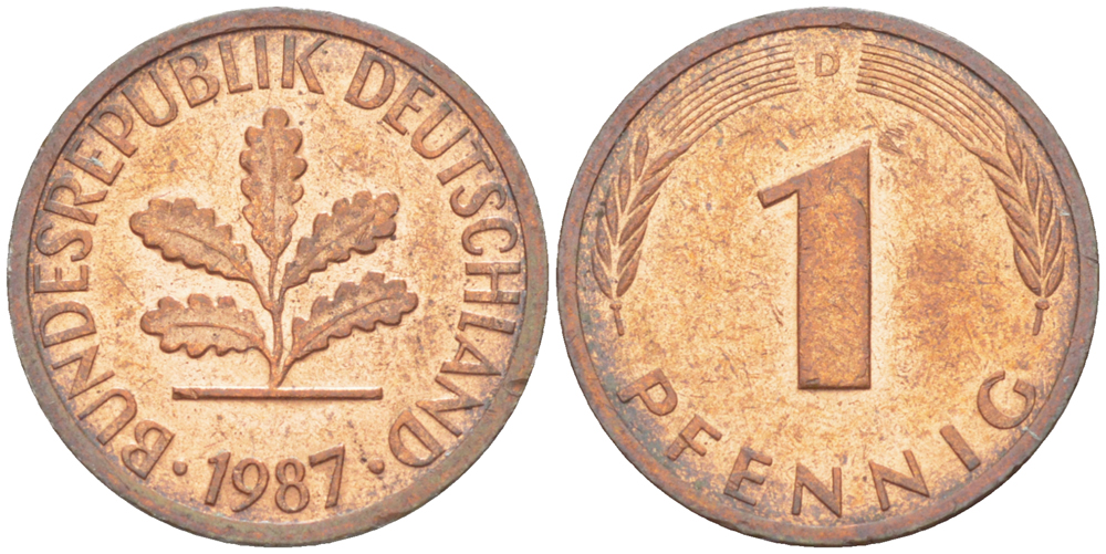 ФРГ 1 ПФЕННИГ 1987 D KM 105, J. 380 сталь плакированная медью 4181-666