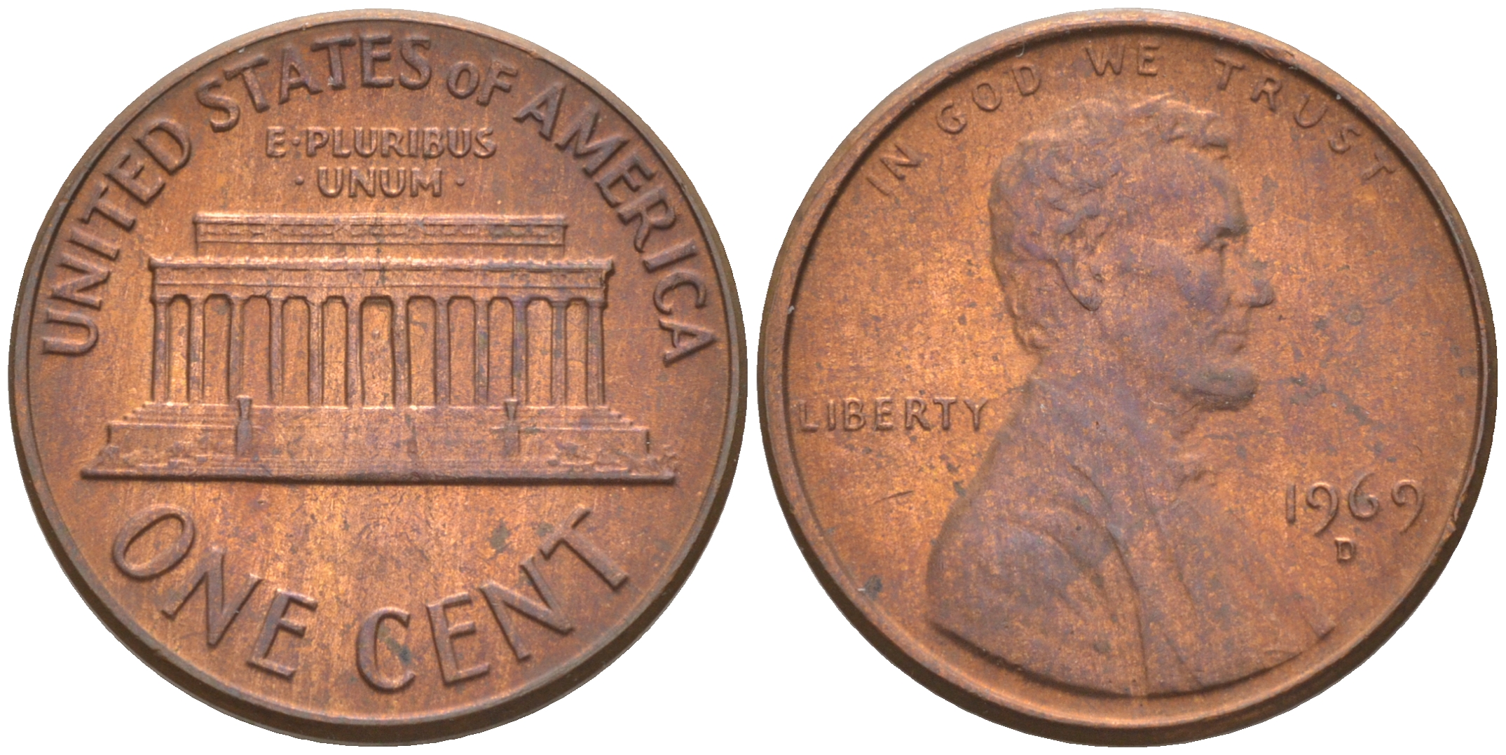 США 1 ЦЕНТ 1969 D, ЛИНКОЛЬН KM 201 медь цинк 187-1157