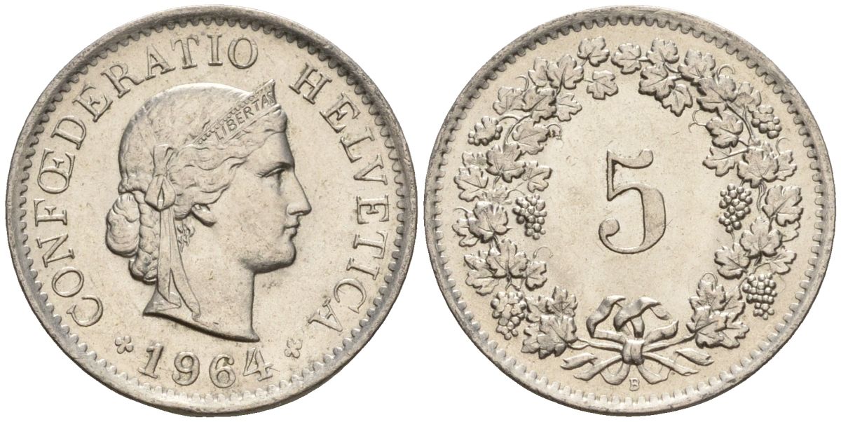 Швейцария 5 раппенов 1964 B KM 26 медно-никель 4608-453