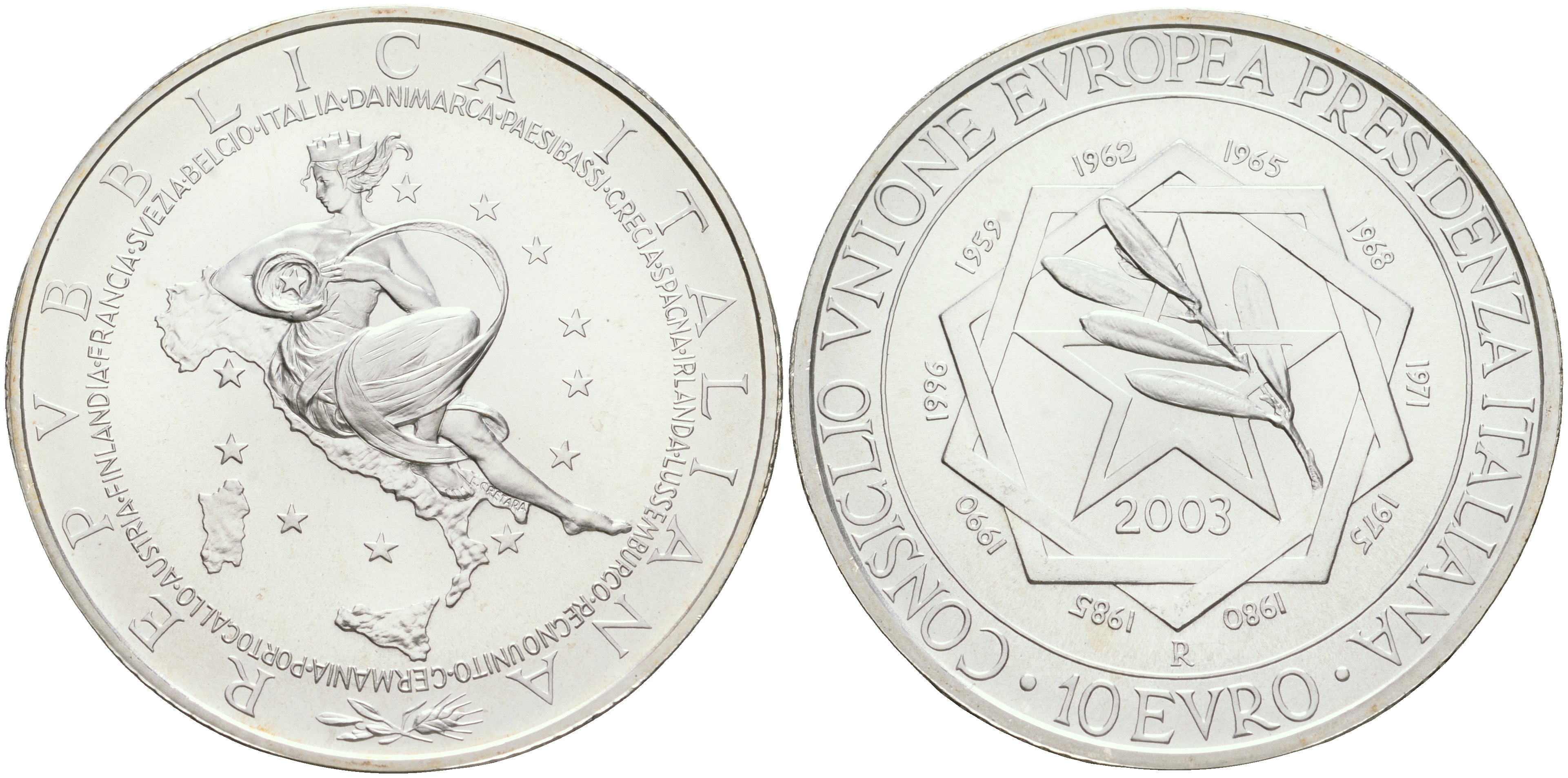 ИТАЛИЯ 10 ЕВРО 2003 ПРЕЗИДЕНТСТВО В ЕС серебро UNC 7-5-4-04