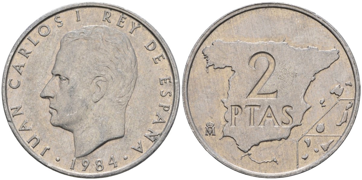 Испания 2 песеты 1984 карта, Хуан Карлос I (1975-2014) KM 822 алюминий 4398-142