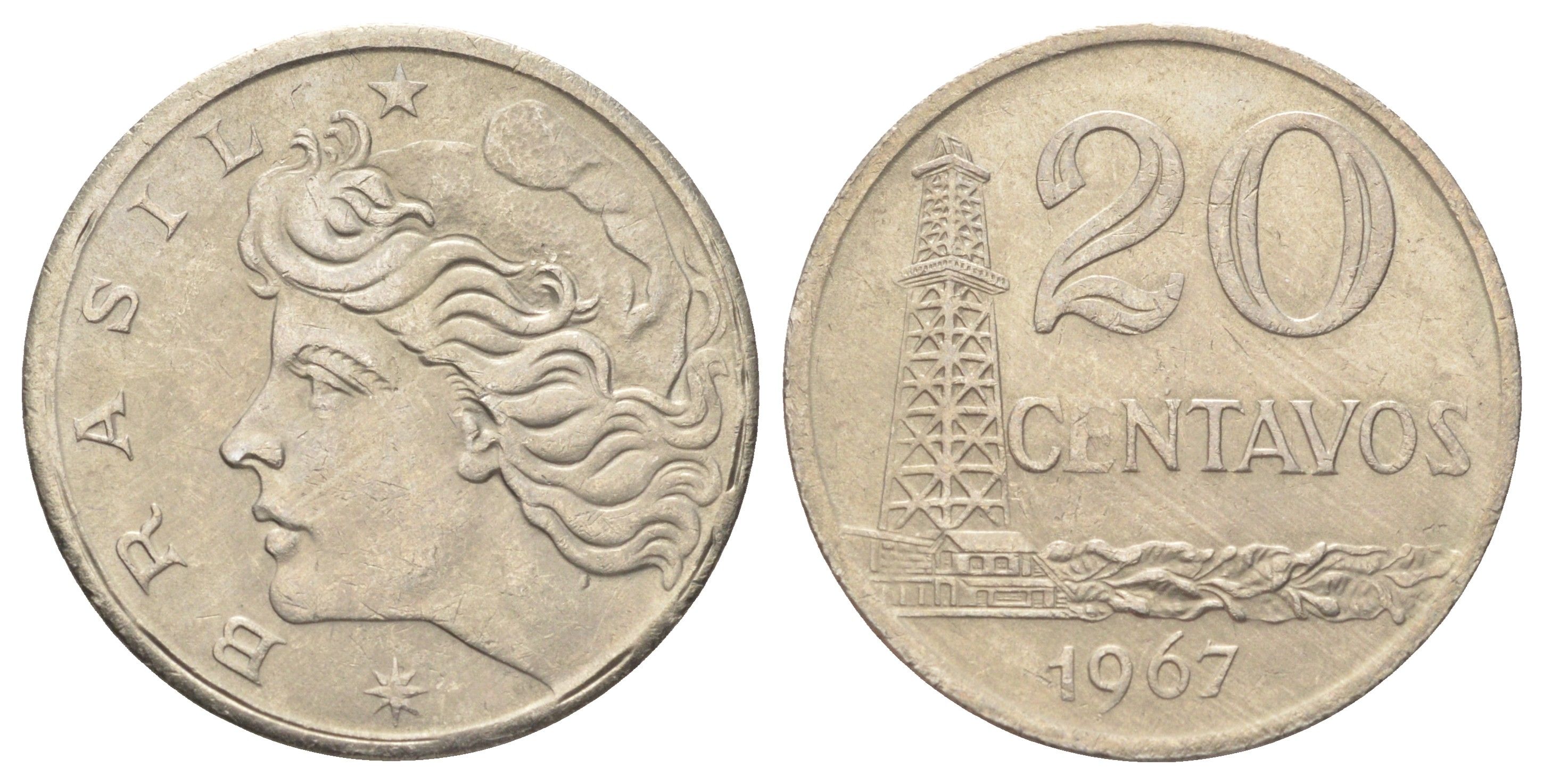 Бразилия 20 сентаво 1967 год-тип KM 579.1 медно-никель UNC 4646-746