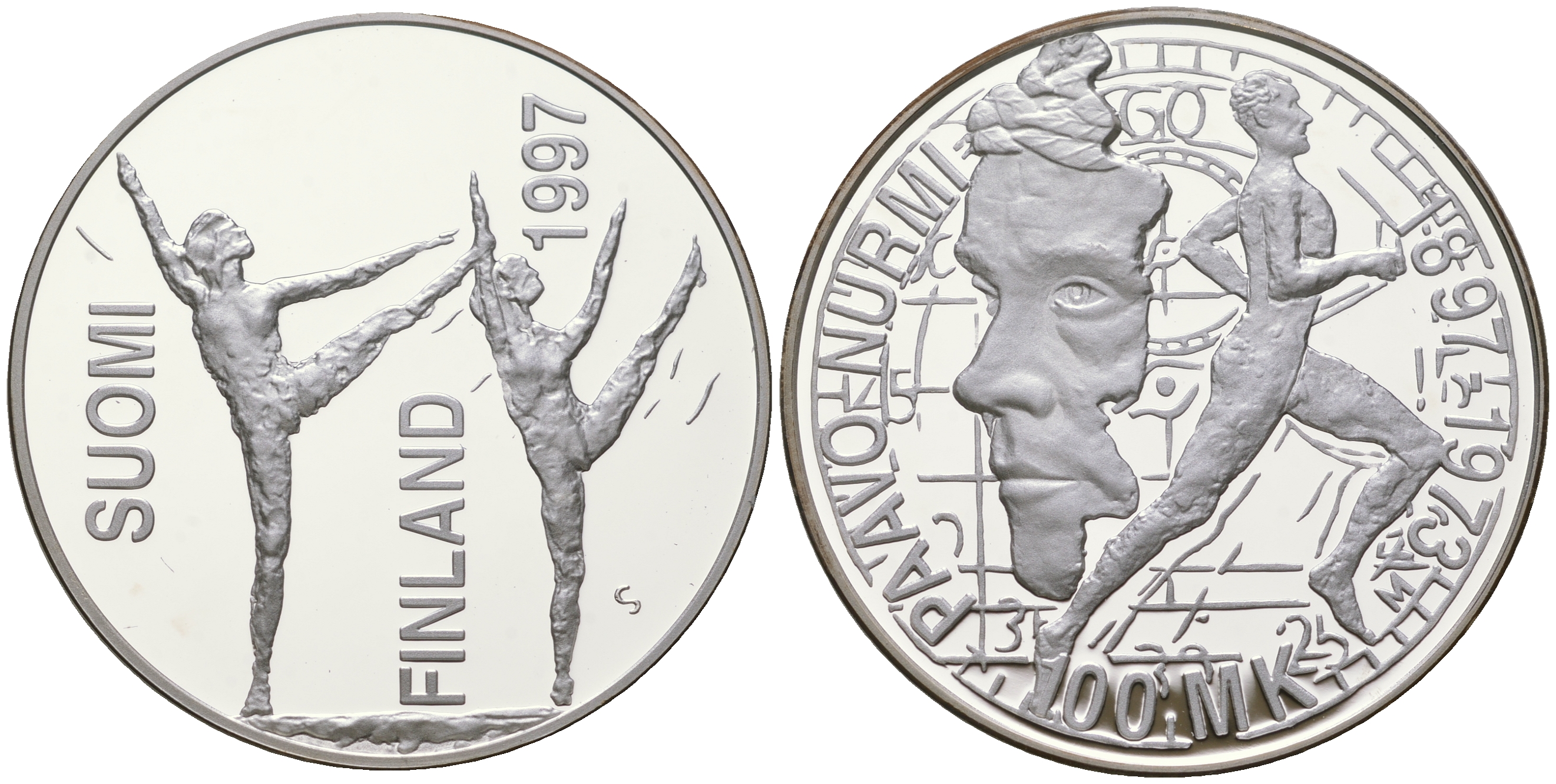 Финляндия 100 марок 1997 Стадион Пааво в Турку, гимнастика KM 84 серебро  PROOF  1095-2-44