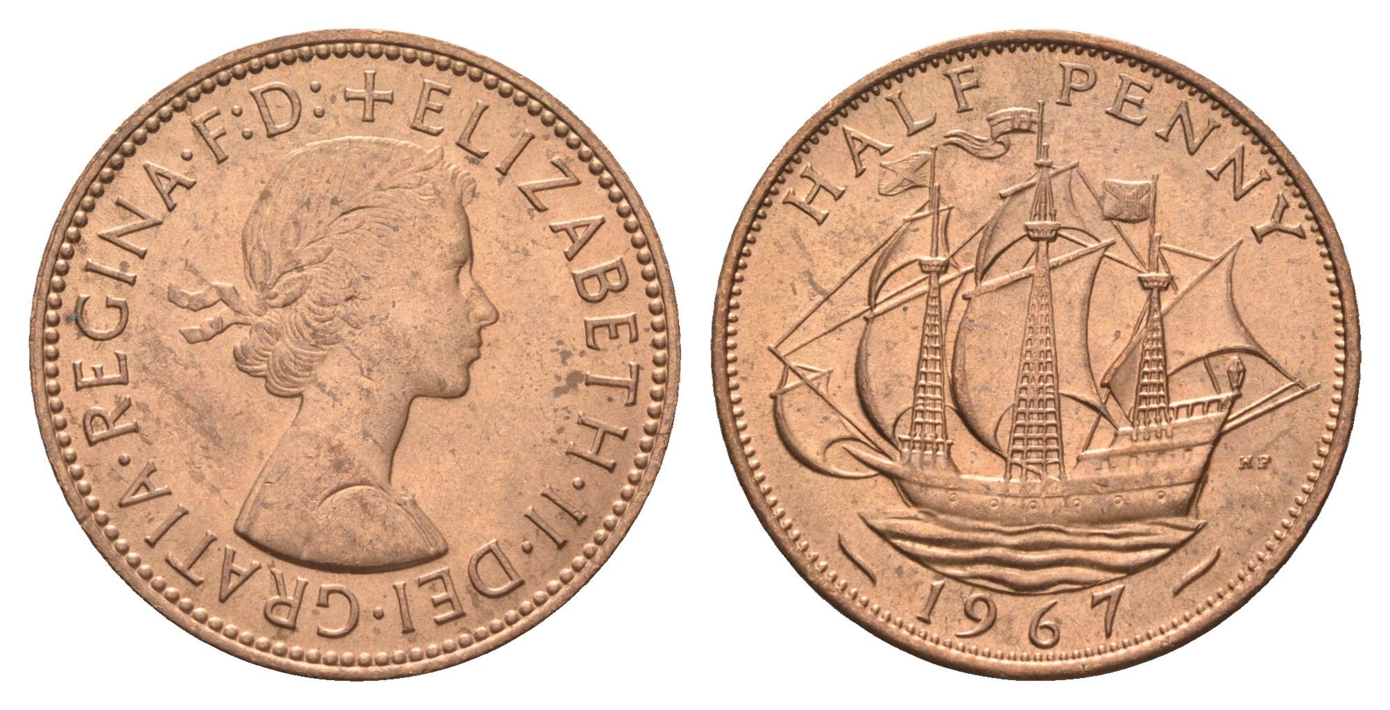 Великобритания 1/2 пенни 1967 Елизавета II (1952-2022) KM 896, Spink 4158 бронза  UNC  4660-651