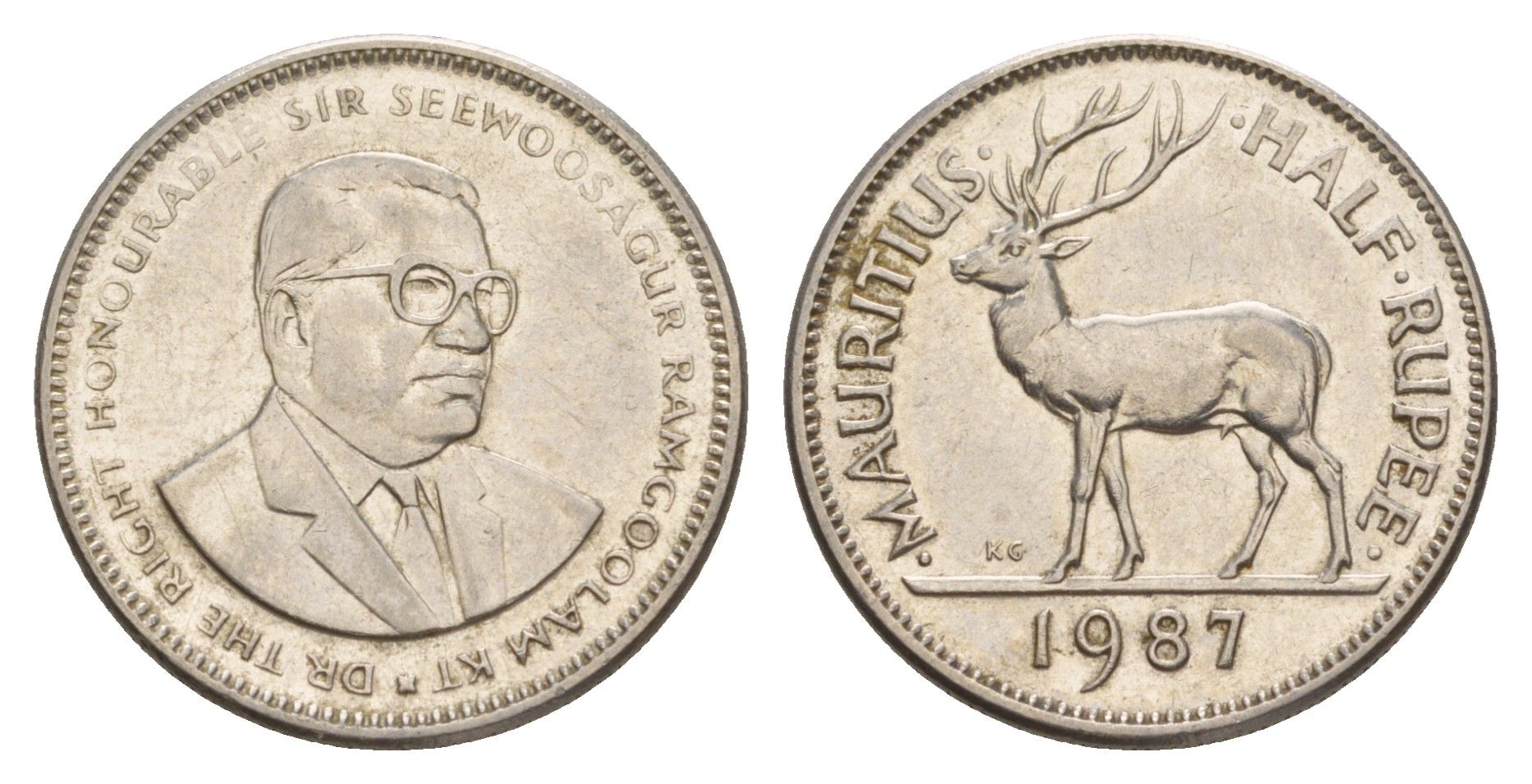 Маврикий 1/2 рупии 1987 Сивусагур Рамгулам KM 54 сталь плакированная никелем 4650-732