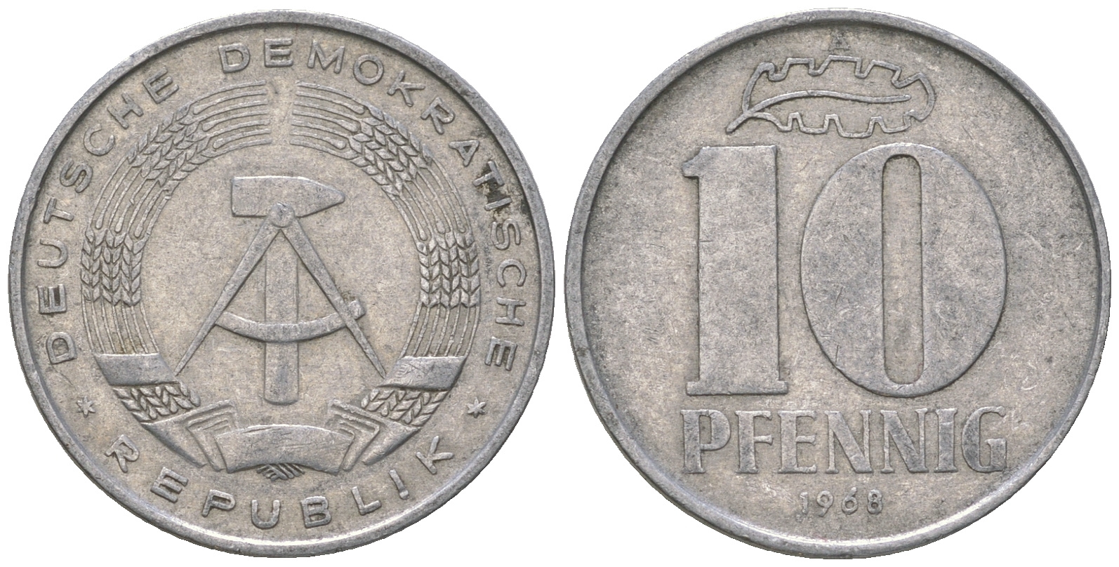 ГДР 10 пфеннигов 1968 A KM 10 алюминий 3459-614