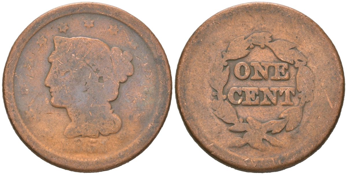 США 1 цент 1851 KM 67 медь 110-411