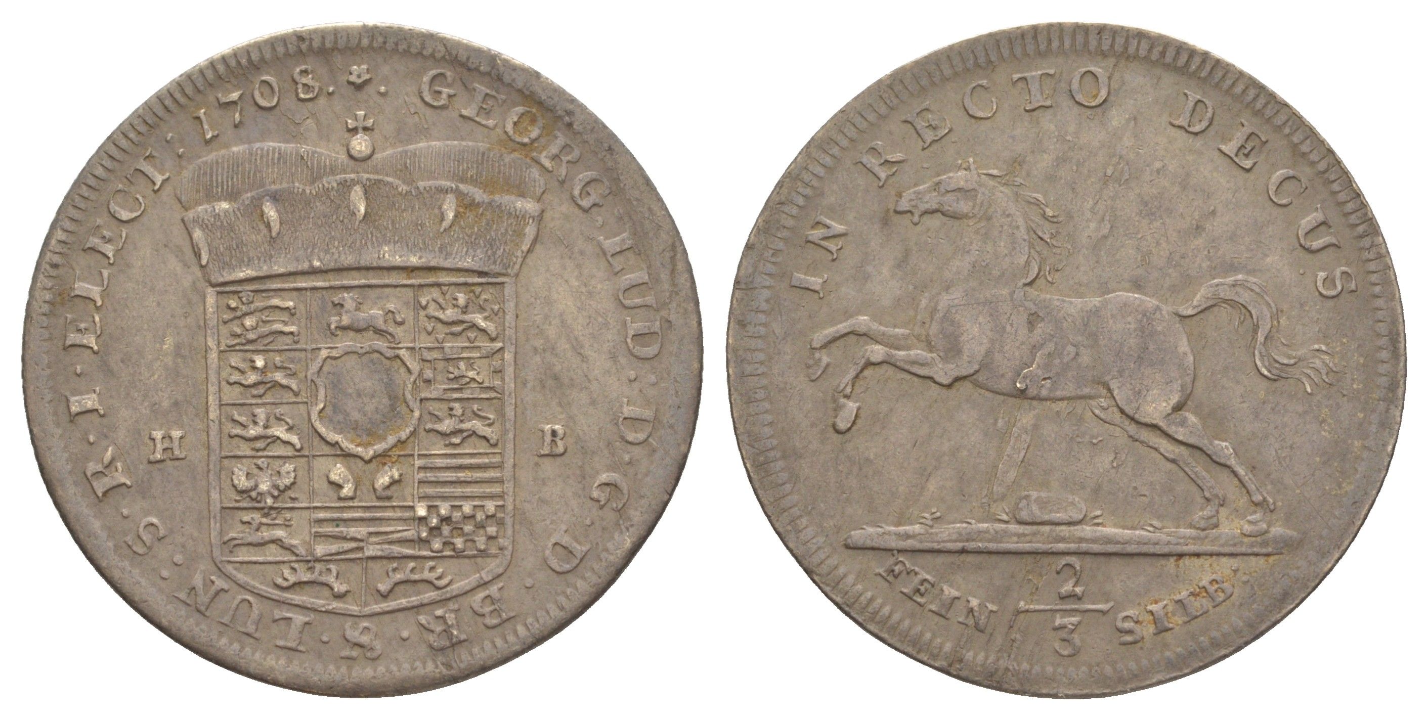 Брауншвейг-Каленберг-Ганновер 2/3 талера 1708 HB, Георг I (1698-1727), из коллекции Ричарда Б. Смита Davenport 419, KM 48 Welter 2154 серебро 00-821-19