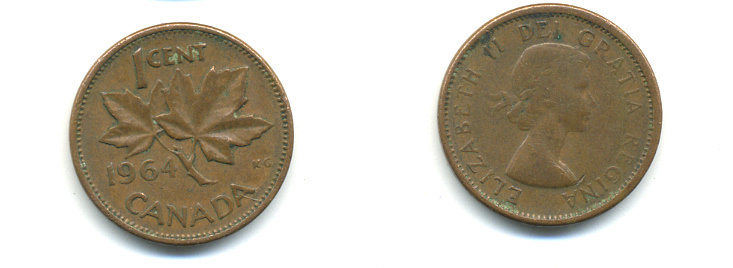 Канада 1 цент 1964 Елизавета II (1952-2022), кленовый лист KM 49 бронза 177-1326