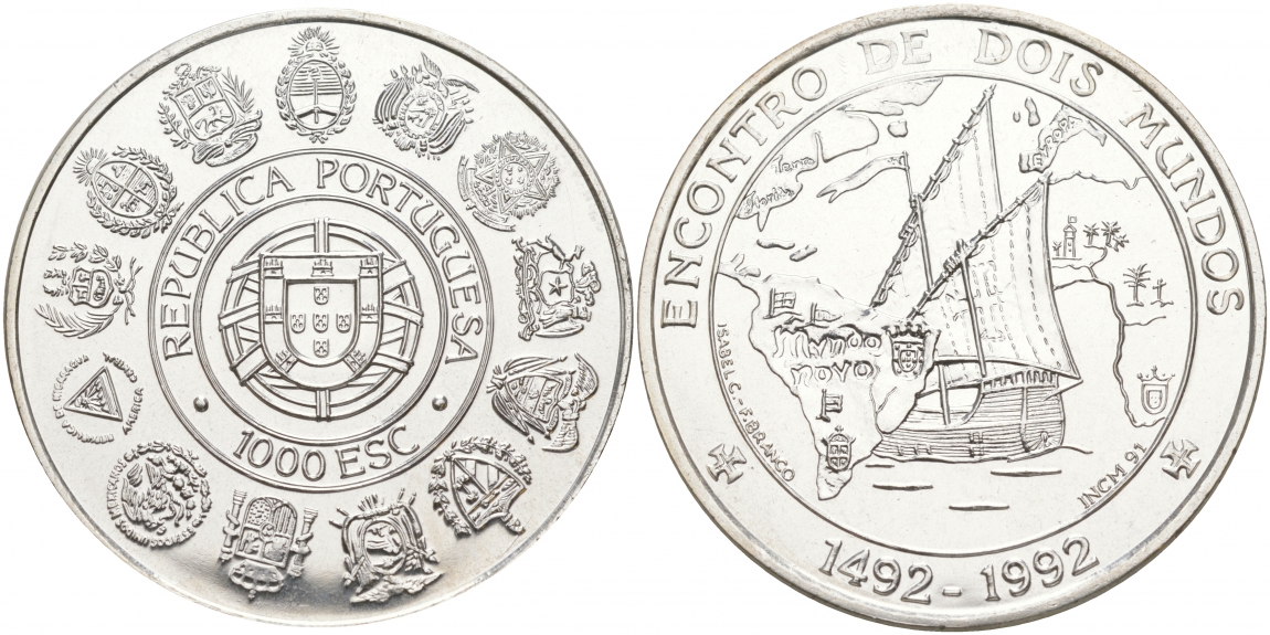 Португалия 1000 эскудо 1992 500 летие открытия Америки (1492-1992), встреча двух миров KM 657 серебро UNC 1081-6-24