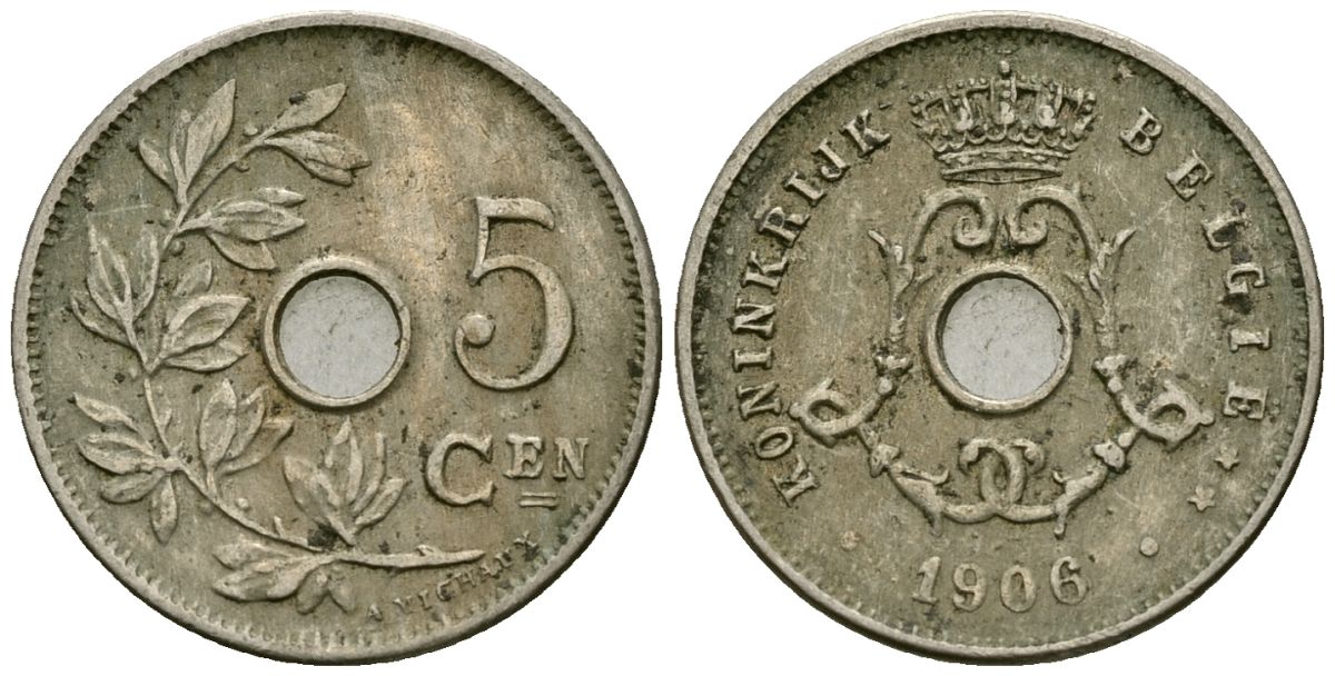 Бельгия 5 сантимов 1906 Belgie, Леопольд II (1865-1909) KM 55 медно-никель 4173-151