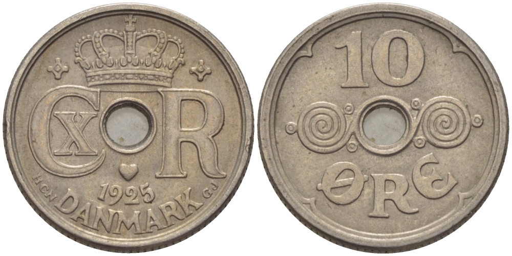ДАНИЯ 10 ЭРЕ 1925 HCN; GJ, КРИСТИАН X (1912-1947) KM 822.1 медно-никель 100-257