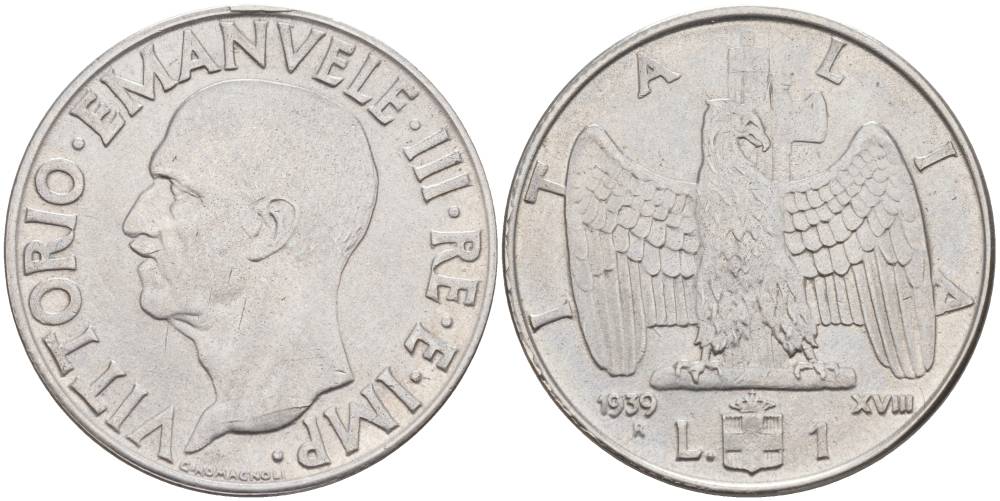 Италия 1 лира 1939 R, XVII год, Виктор Эммануил III (1900-1946), немагнитная, ГУРТ РИФЛЁНЫЙ KM 77а, VEM3. 1096 a) нержавеющая сталь 3855-326