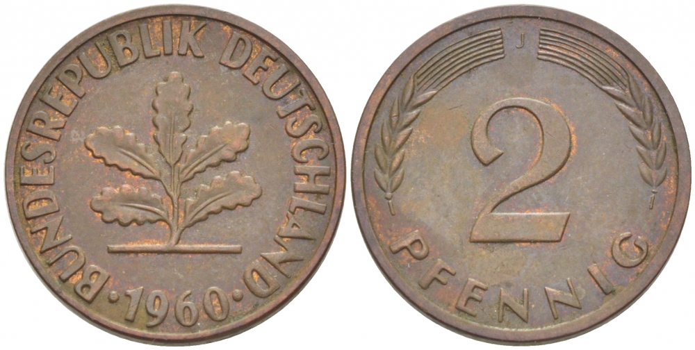 ФРГ 2 ПФЕННИГА 1960 J KM 106, J. 381 бронза 3955-633