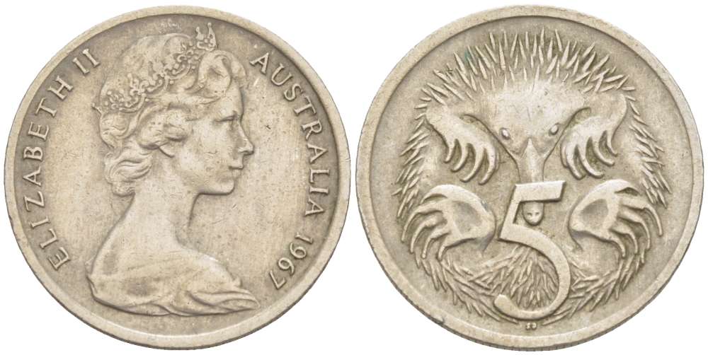 АВСТРАЛИЯ 5 ЦЕНТОВ 1967 ЕЛИЗАВЕТА II (1952-) МОЛОДОЙ ПОРТРЕТ, ЕХИДНА KM 64 медно-никель 4516-648