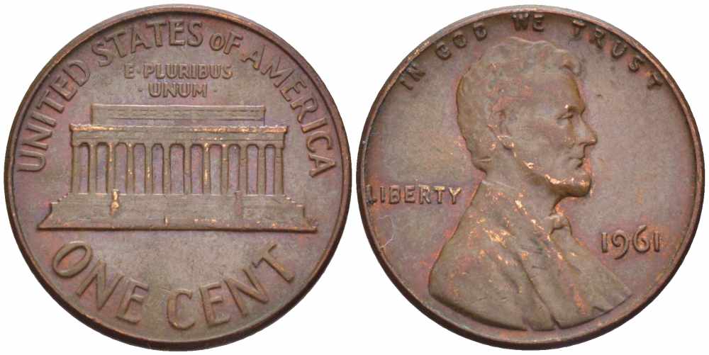 США 1 цент 1961 Авраам Линкольн KM 201 медь цинк 105-644