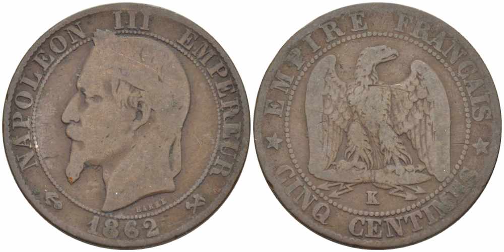 ФРАНЦИЯ 5 САНТИМОВ 1862 K, НАПОЛЕОН III (1852-1870) KM 797.3, LE FRANC 117.7 бронза 108-527