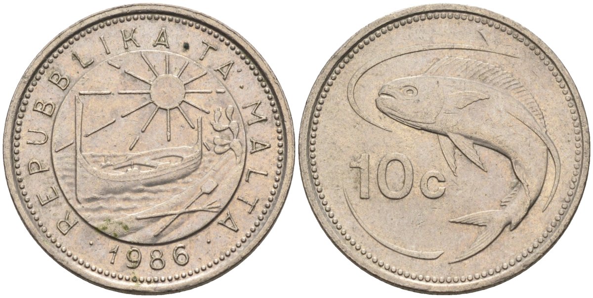 Мальта 10 центов 1986 золотая макрель KM 76 медно-никель 4588-146