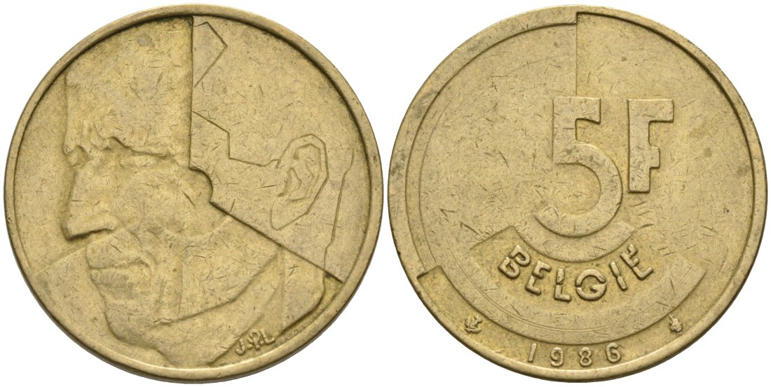 БЕЛЬГИЯ 5 ФРАНКОВ 1986 BELGIE KM 164 латунь или алюминиевая бронза 68-1153