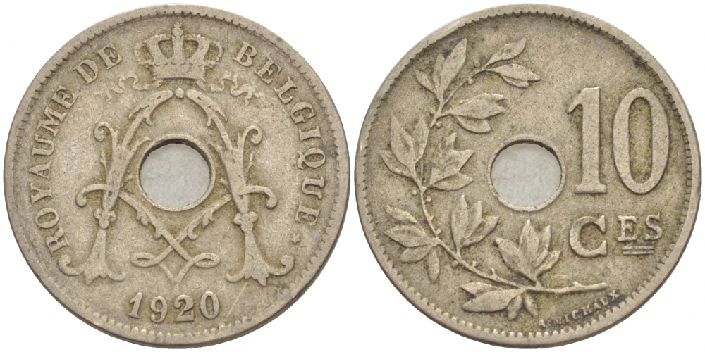 БЕЛЬГИЯ 10 САНТИМОВ 1920 BELGIQUE KM 85.1 медно-никель 4529-133