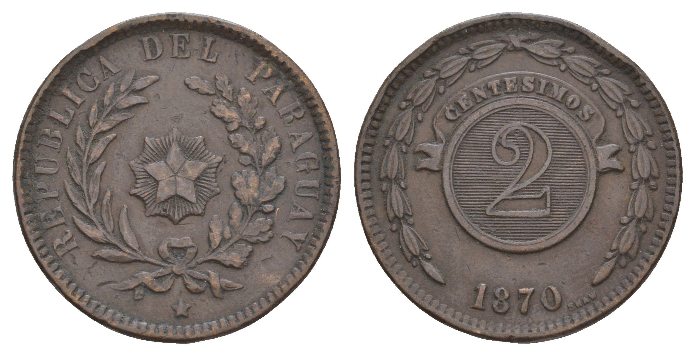 Парагвай 2 сентесимо 1870 год-тип, SHAW KM 3 медь 4653-826