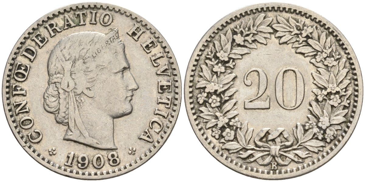 Швейцария 20 раппенов 1908 B KM 29 никель 4606-742