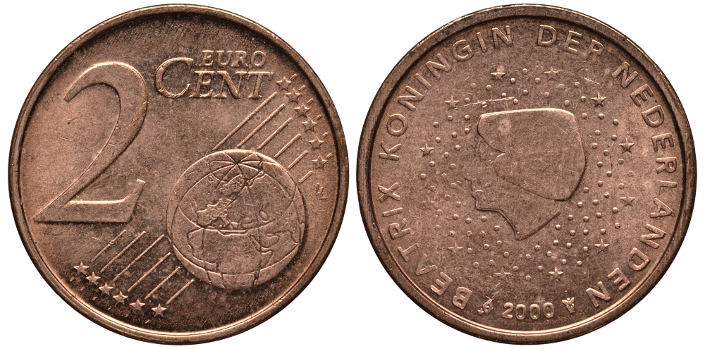 НИДЕРЛАНДЫ 2 ЕВРОЦЕНТА 2000 КОРОЛЕВА БЕАТРИКС KM 235 сталь плакированная медью 4181-431