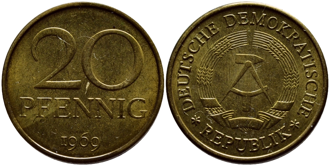 ГДР 20 пфеннигов 1969 А, первый год KM 11 латунь UNC 4398-154