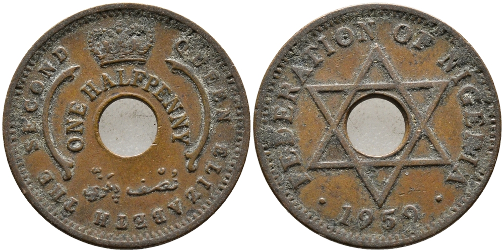 Нигерия 1/2 пенни 1959 Елизавета II (1952-), Британский протекторат KM 1 бронза 4387-553