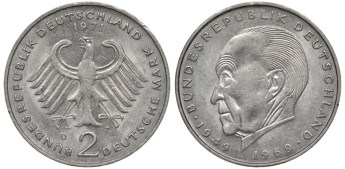 ФРГ 2 МАРКИ 1971 D, КОНРАД АДЕНАУЭР KM 124, J. 406 медно-никель плакированный никелем плакированный никелем UNC 72-435